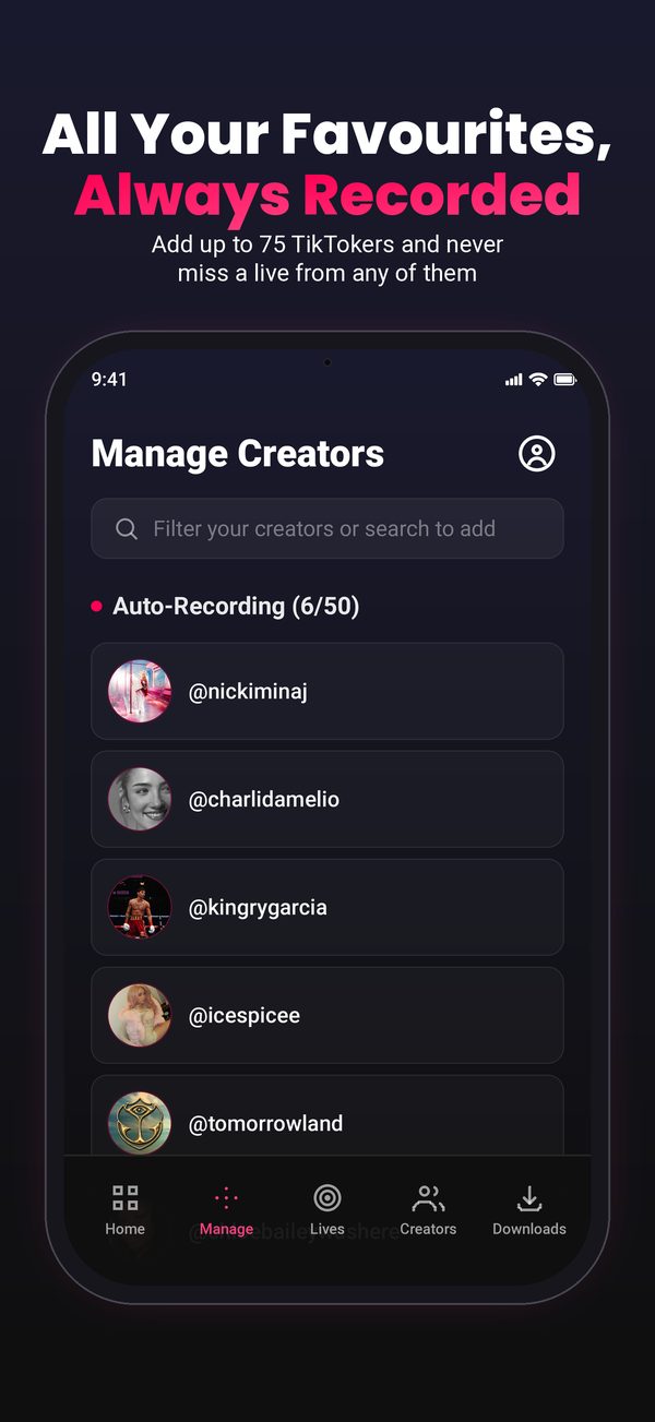 A list of TikTokers being recorded automatically in LiveRec