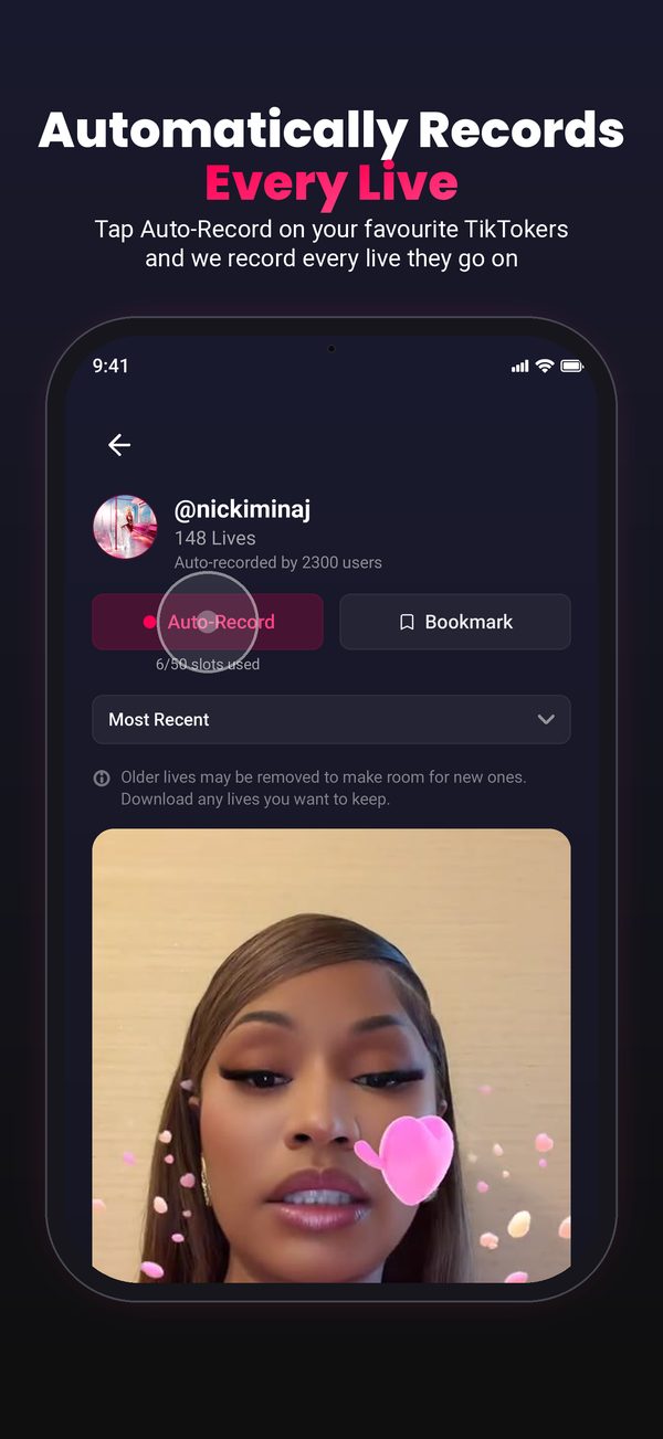 Tapping Auto-Record on a creator profile: LiveRec automatically records every live